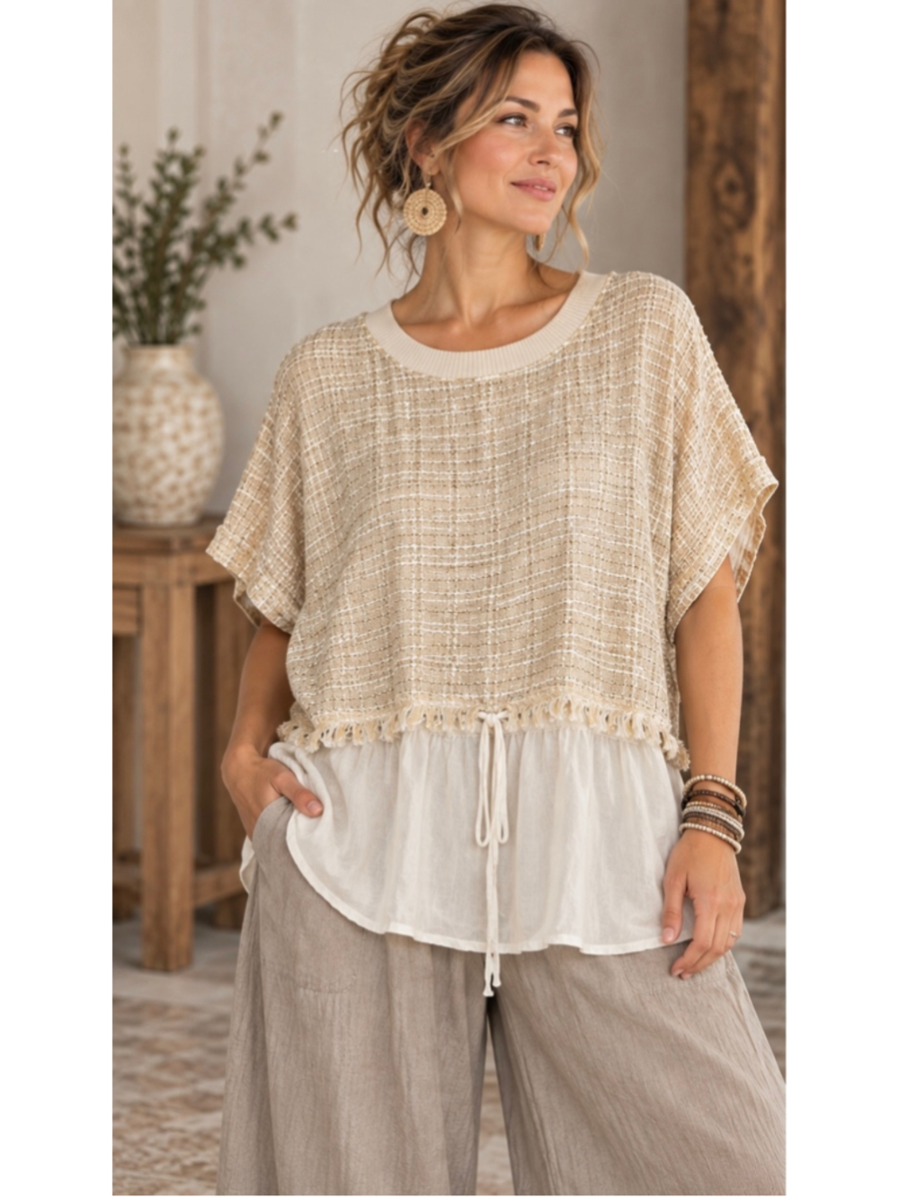 FATE Mixed Media Tunic Top Large Cream Textured Fringe Layered Lagenlook NWT